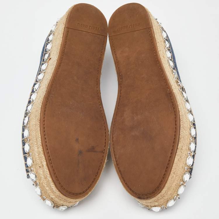 Pre Owned Miu Miu Blue Denim Platform Wedge Open Toe Espadrilles Size 38