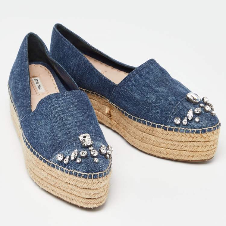 Pre Owned Miu Miu Blue Denim Crystal Embellished Cap Toe Platform Espadrilles Size 41