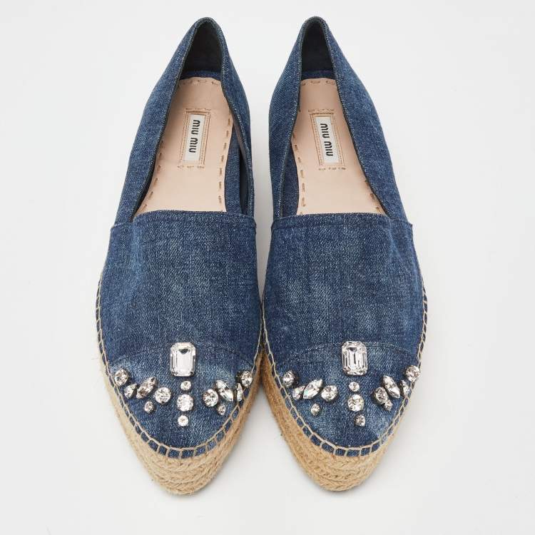 Pre Owned Miu Miu Blue Denim Crystal Embellished Cap Toe Platform Espadrilles Size 41