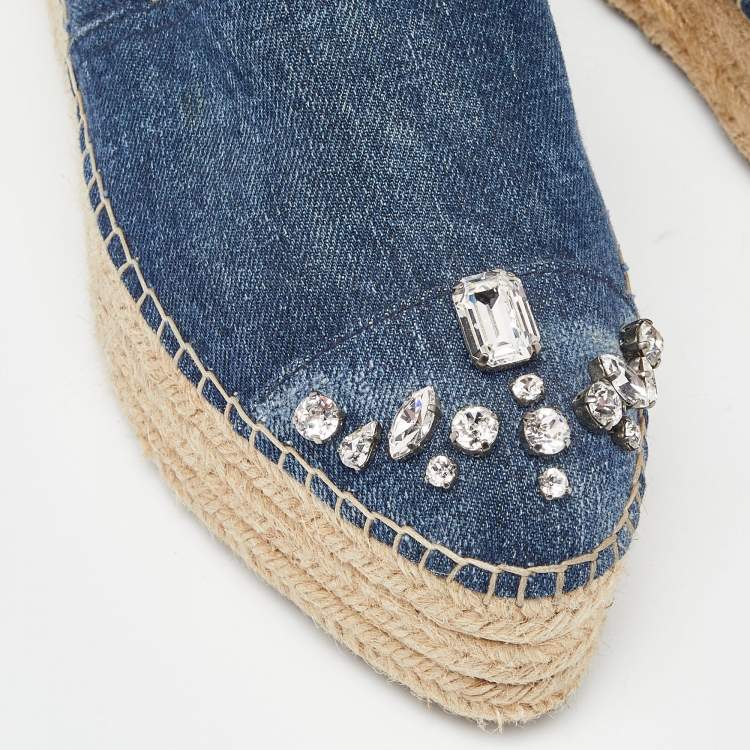 Pre Owned Miu Miu Blue Denim Crystal Embellished Cap Toe Platform Espadrilles Size 41