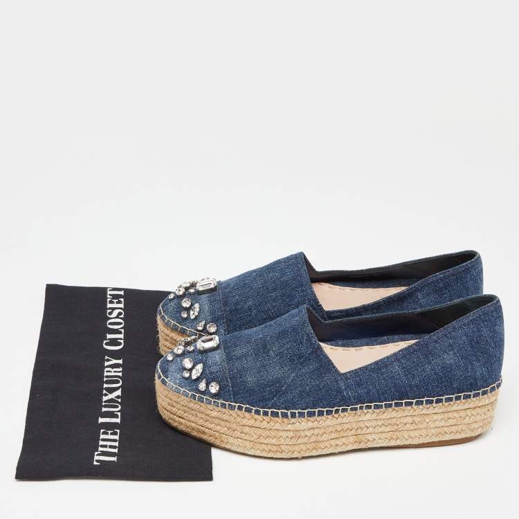 Pre Owned Miu Miu Blue Denim Crystal Embellished Cap Toe Platform Espadrilles Size 41