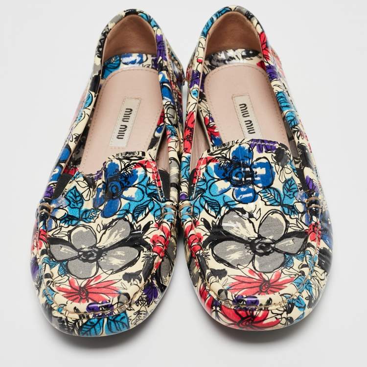 Pre Owned Miu Miu Multicolor Floral Print Patent Leather Loafers Size 37