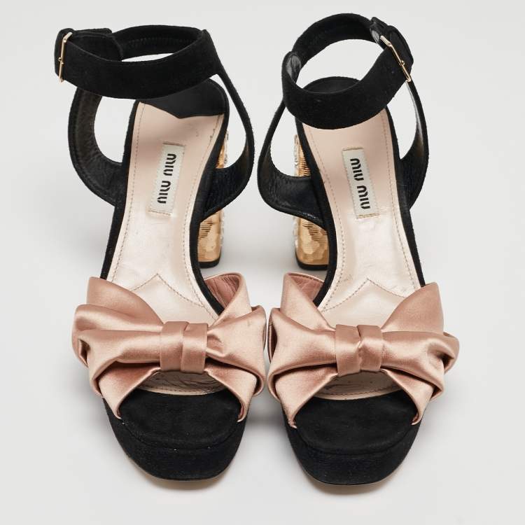 Pre Owned Miu Miu Black/Pink Suede and Satin Bow Crystal Embellished Heel Platform Ankle Strap Sandals Size 37