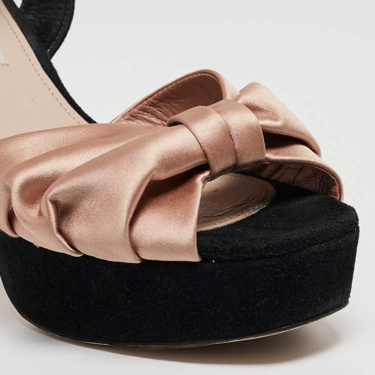Pre Owned Miu Miu Black/Pink Suede and Satin Bow Crystal Embellished Heel Platform Ankle Strap Sandals Size 37