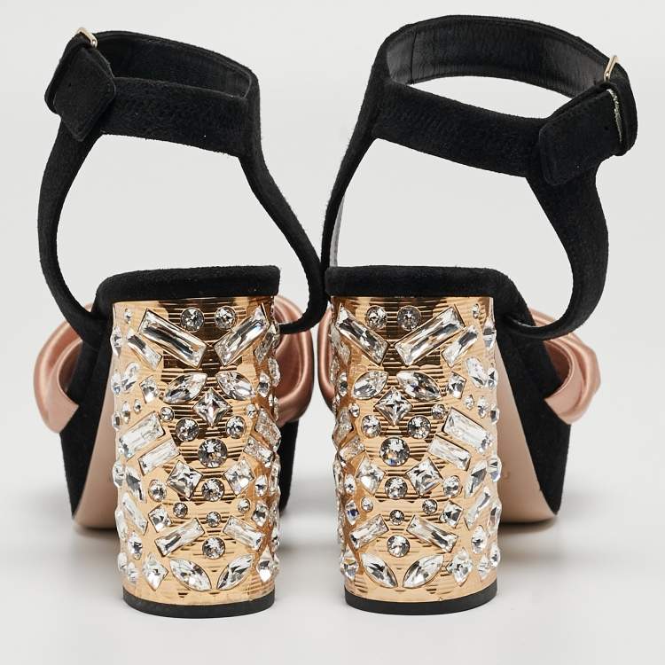 Pre Owned Miu Miu Black/Pink Suede and Satin Bow Crystal Embellished Heel Platform Ankle Strap Sandals Size 37