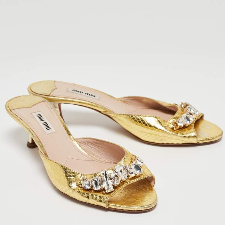 Pre Owned Miu Miu Gold Snakeskin Embossed Crystals Embellished Slide Sandals Size 38.5
