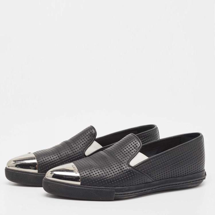 Pre Owned Miu Miu Black Leather Metal Cap Toe Logo Flats Size 37.5