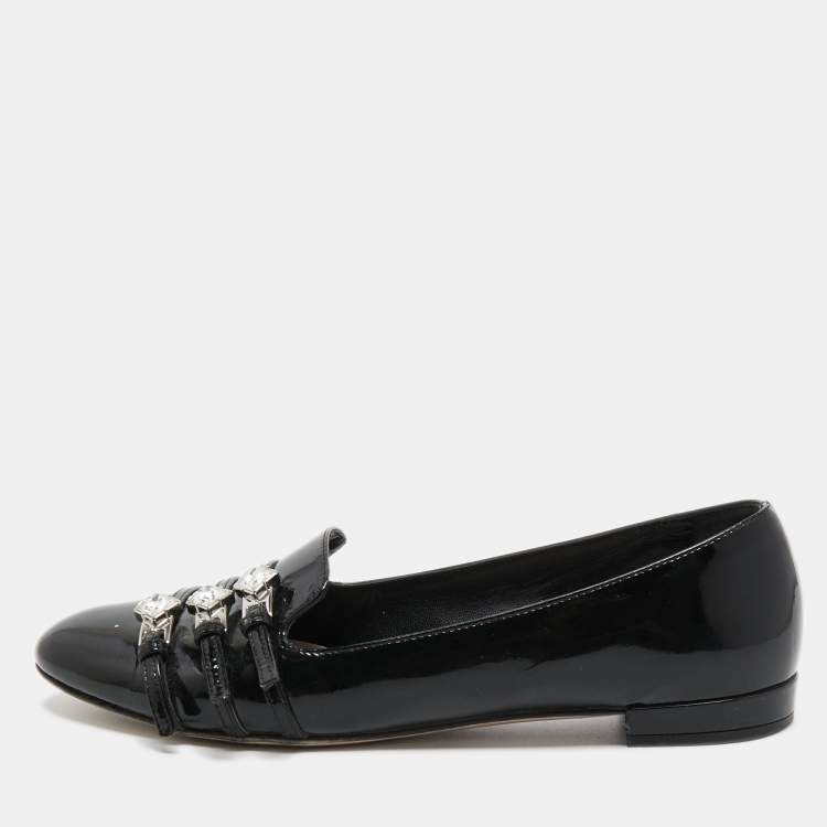 Pre Owned Miu Miu Black Patent Leather Trio Buckle Embellished Ballet Flats Size 36.5