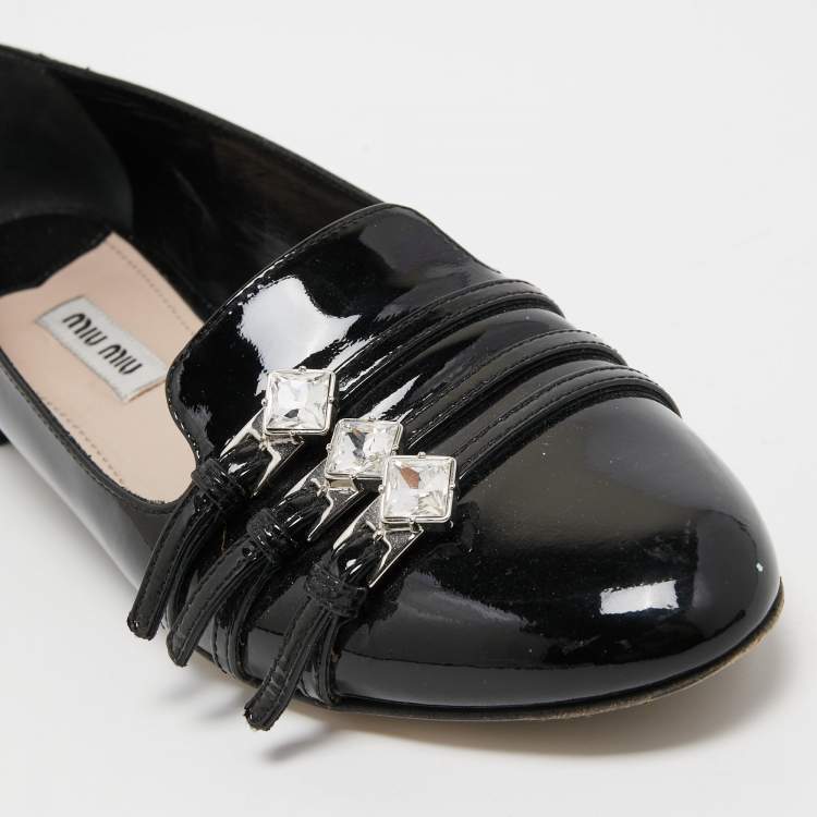 Pre Owned Miu Miu Black Patent Leather Trio Buckle Embellished Ballet Flats Size 36.5