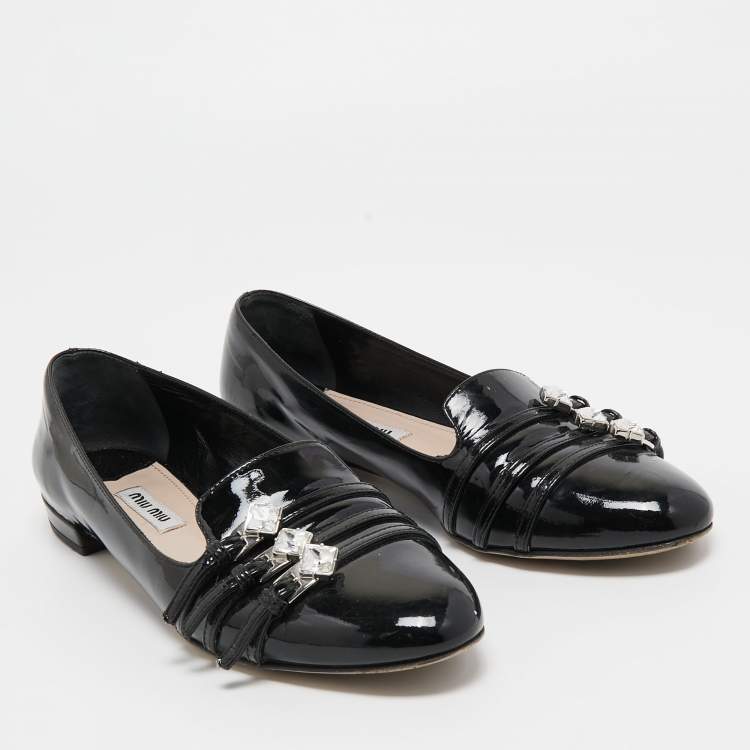 Pre Owned Miu Miu Black Patent Leather Trio Buckle Embellished Ballet Flats Size 36.5