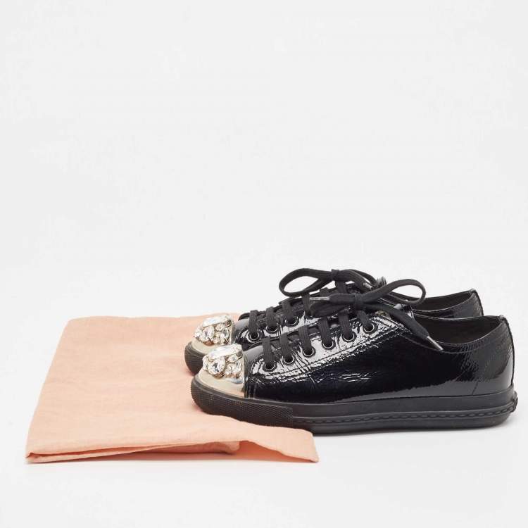 Pre Owned Miu Miu Black Patent Leather Crystal Studded Sneakers Size 37