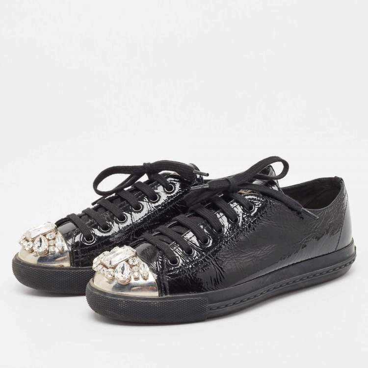 Pre Owned Miu Miu Black Patent Leather Crystal Studded Sneakers Size 37