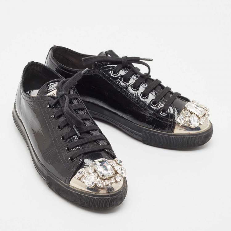 Pre Owned Miu Miu Black Patent Leather Crystal Studded Sneakers Size 37