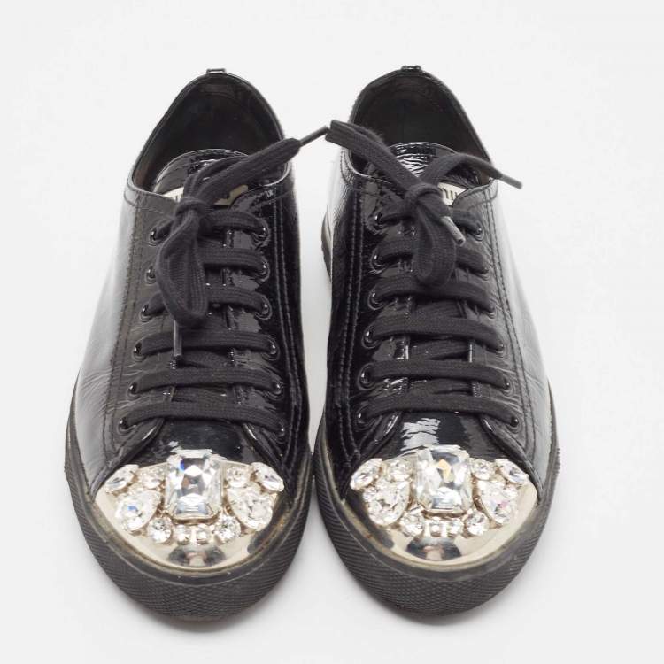 Pre Owned Miu Miu Black Patent Leather Crystal Studded Sneakers Size 37