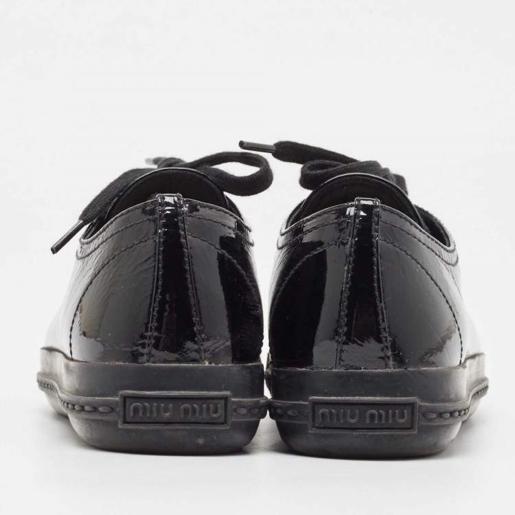 Pre Owned Miu Miu Black Patent Leather Crystal Studded Sneakers Size 37