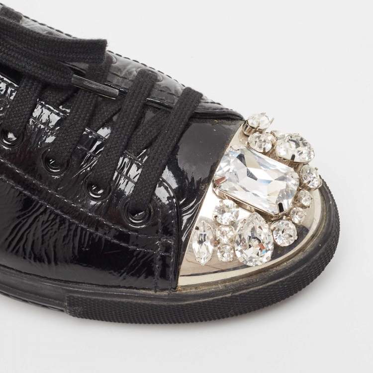Pre Owned Miu Miu Black Patent Leather Crystal Studded Sneakers Size 37