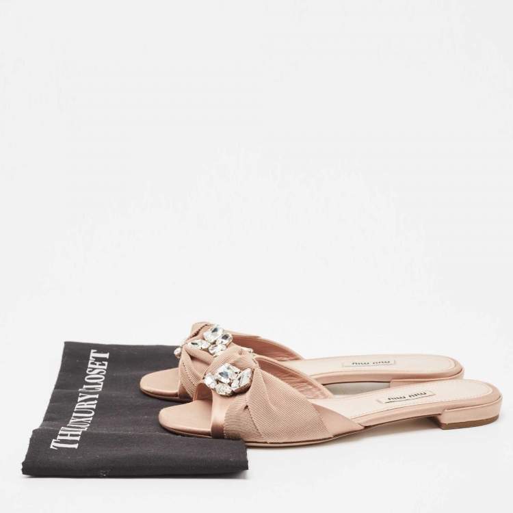 Pre Owned Miu Miu Light Pink Satin and Knotted Canvas Crystal Embellished Flat Slides Size 38.5