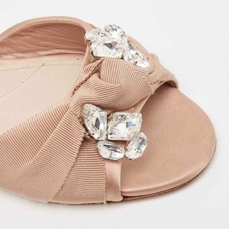 Pre Owned Miu Miu Light Pink Satin and Knotted Canvas Crystal Embellished Flat Slides Size 38.5