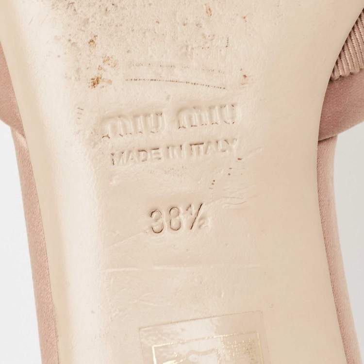 Pre Owned Miu Miu Light Pink Satin and Knotted Canvas Crystal Embellished Flat Slides Size 38.5