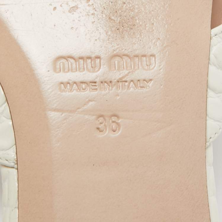 Pre Owned Miu Miu White Croc Embossed Leather Crystal Embellished Flat Slides Size 36
