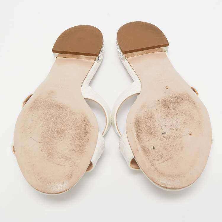 Pre Owned Miu Miu White Croc Embossed Leather Crystal Embellished Flat Slides Size 36