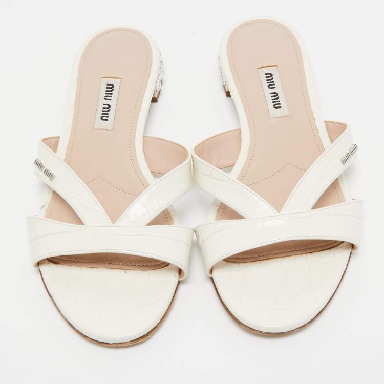 Pre Owned Miu Miu White Croc Embossed Leather Crystal Embellished Flat Slides Size 36