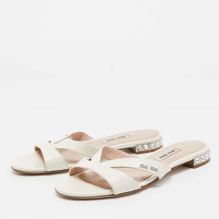 Pre Owned Miu Miu White Croc Embossed Leather Crystal Embellished Flat Slides Size 36
