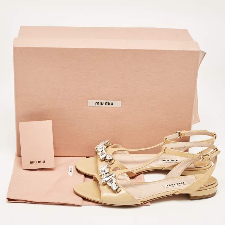 Pre Owned Miu Miu Beige Patent Crystal Embellished Ankle Strap Flats Size 36