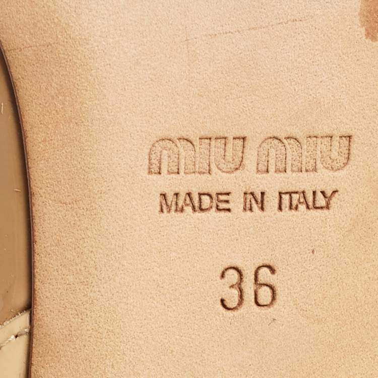 Pre Owned Miu Miu Beige Patent Crystal Embellished Ankle Strap Flats Size 36