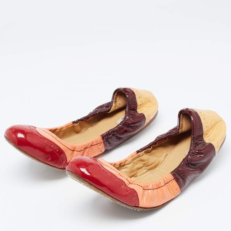 Pre Owned Miu Miu Multicolor Brogue Patent Leather Scrunch Ballet Flats Size 40