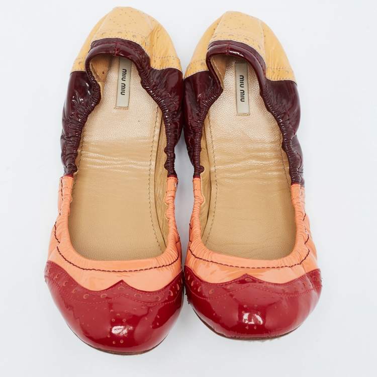 Pre Owned Miu Miu Multicolor Brogue Patent Leather Scrunch Ballet Flats Size 40