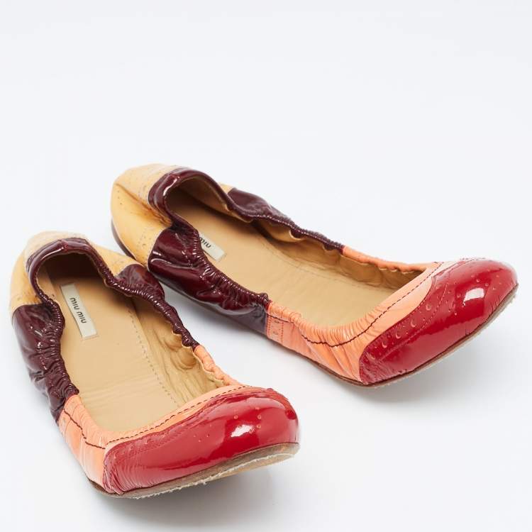 Pre Owned Miu Miu Multicolor Brogue Patent Leather Scrunch Ballet Flats Size 40