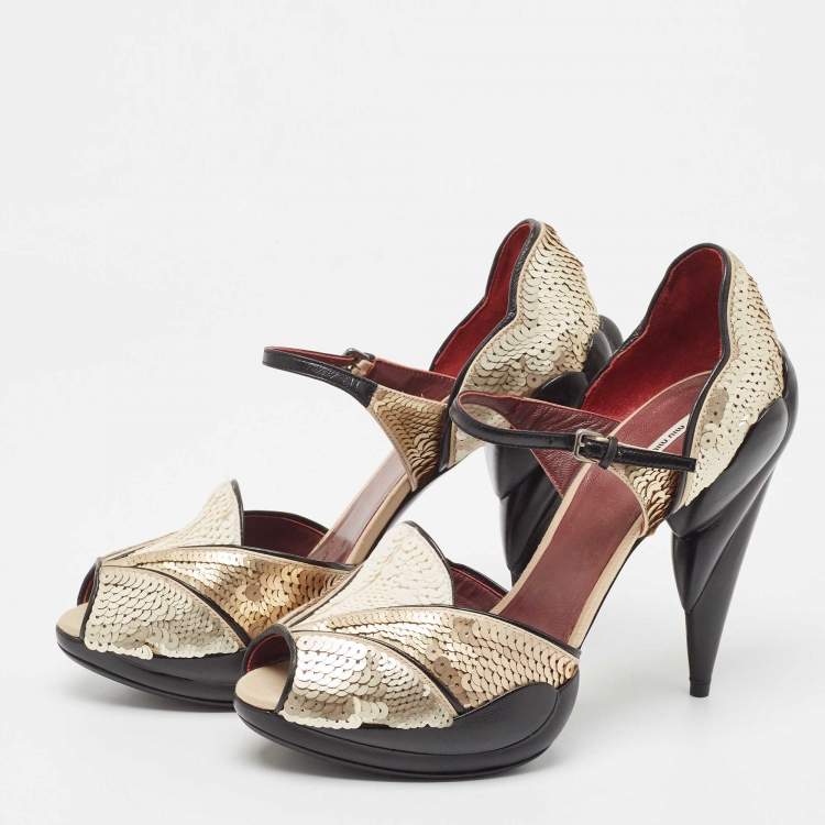 Pre Owned Miu Miu Gold/Black Sequin and Leather Marry Jane Pumps Size 40.5