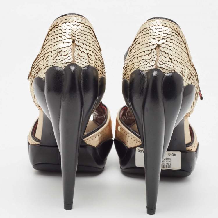 Pre Owned Miu Miu Gold/Black Sequin and Leather Marry Jane Pumps Size 40.5
