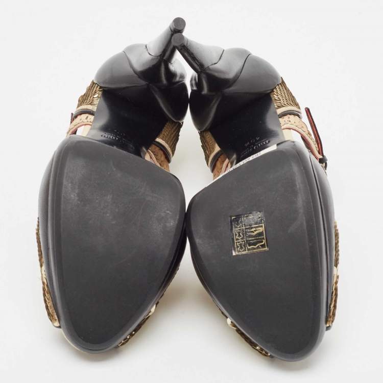 Pre Owned Miu Miu Gold/Black Sequin and Leather Marry Jane Pumps Size 40.5