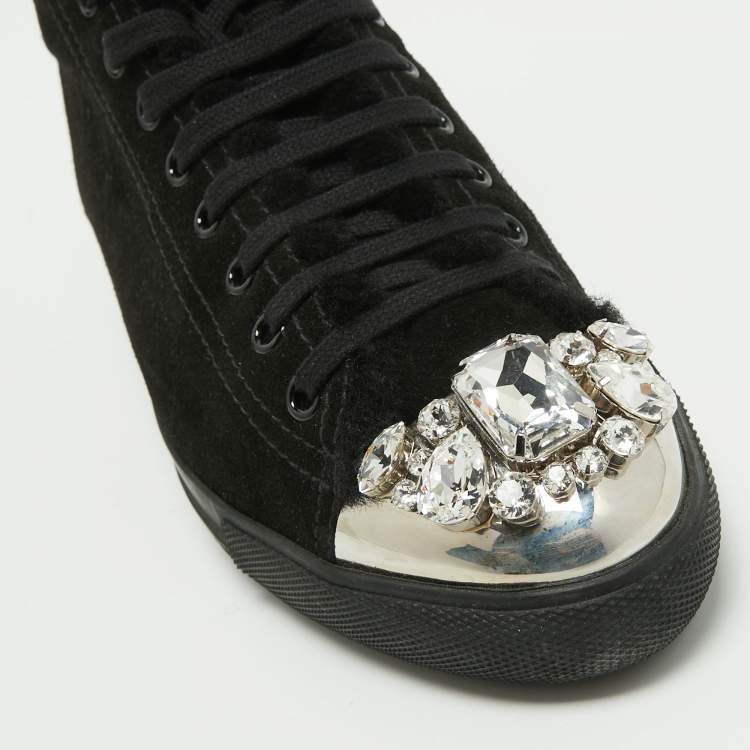 Pre Owned Miu Miu Black Suede Crystal Embellished Cap Toe Sneakers Size 39