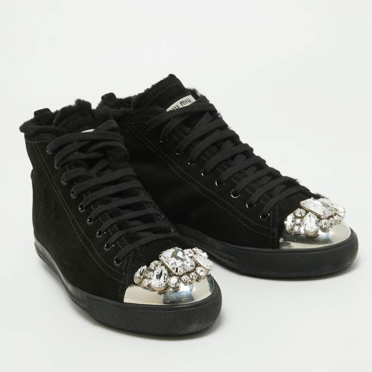 Pre Owned Miu Miu Black Suede Crystal Embellished Cap Toe Sneakers Size 39