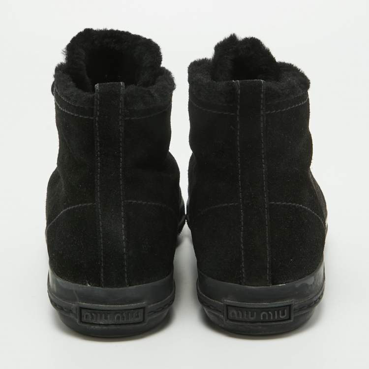 Pre Owned Miu Miu Black Suede Crystal Embellished Cap Toe Sneakers Size 39