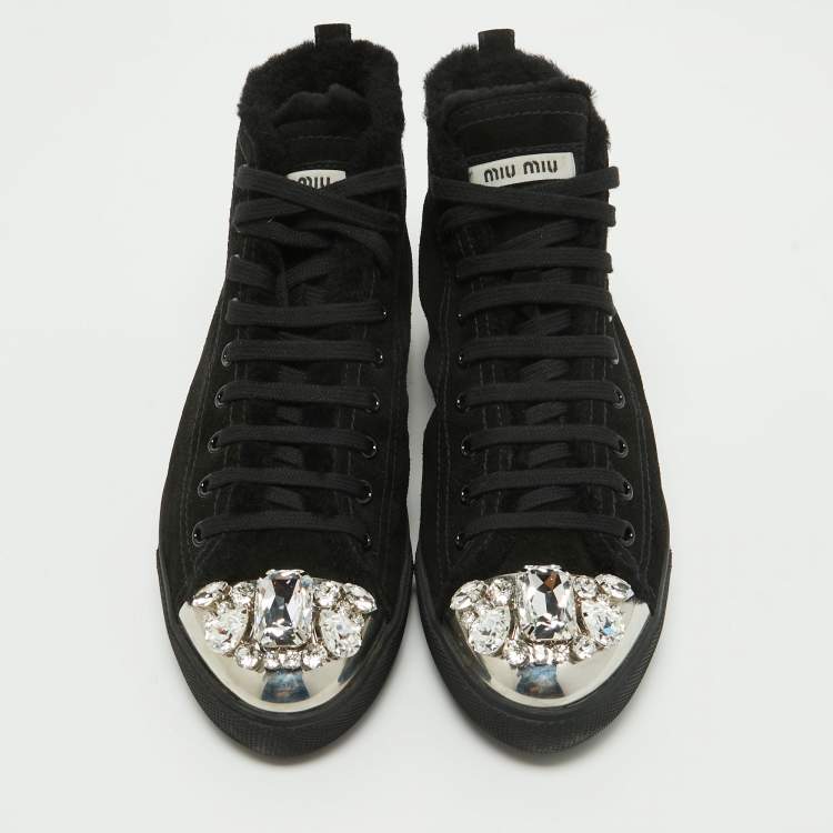Pre Owned Miu Miu Black Suede Crystal Embellished Cap Toe Sneakers Size 39