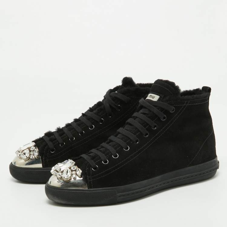 Pre Owned Miu Miu Black Suede Crystal Embellished Cap Toe Sneakers Size 39