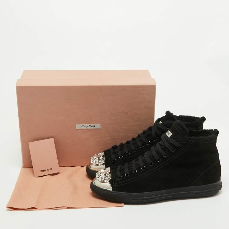 Pre Owned Miu Miu Black Suede Crystal Embellished Cap Toe Sneakers Size 39