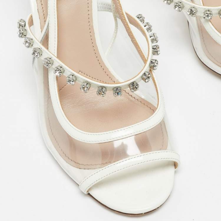 Pre Owned Miu Miu Cream Patent Leather Crystal Embellished Sandals Size 38.5