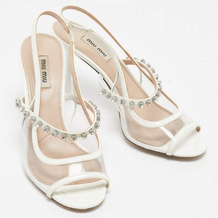 Pre Owned Miu Miu Cream Patent Leather Crystal Embellished Sandals Size 38.5