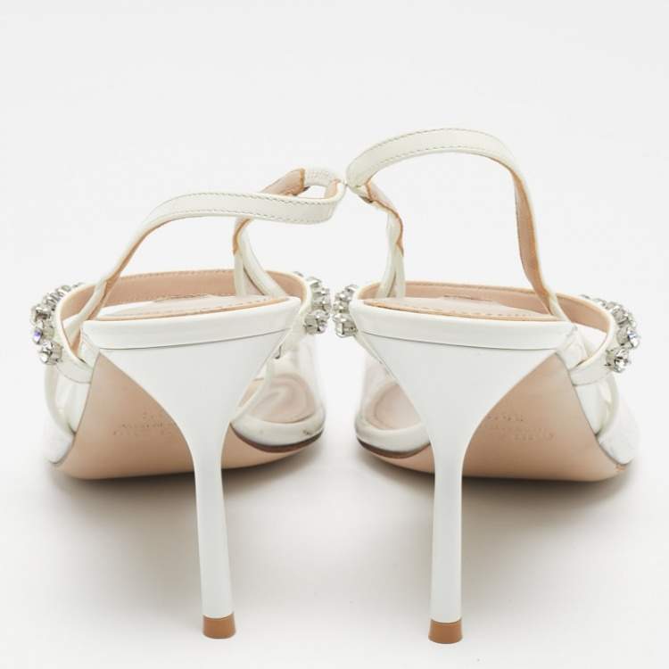 Pre Owned Miu Miu Cream Patent Leather Crystal Embellished Sandals Size 38.5
