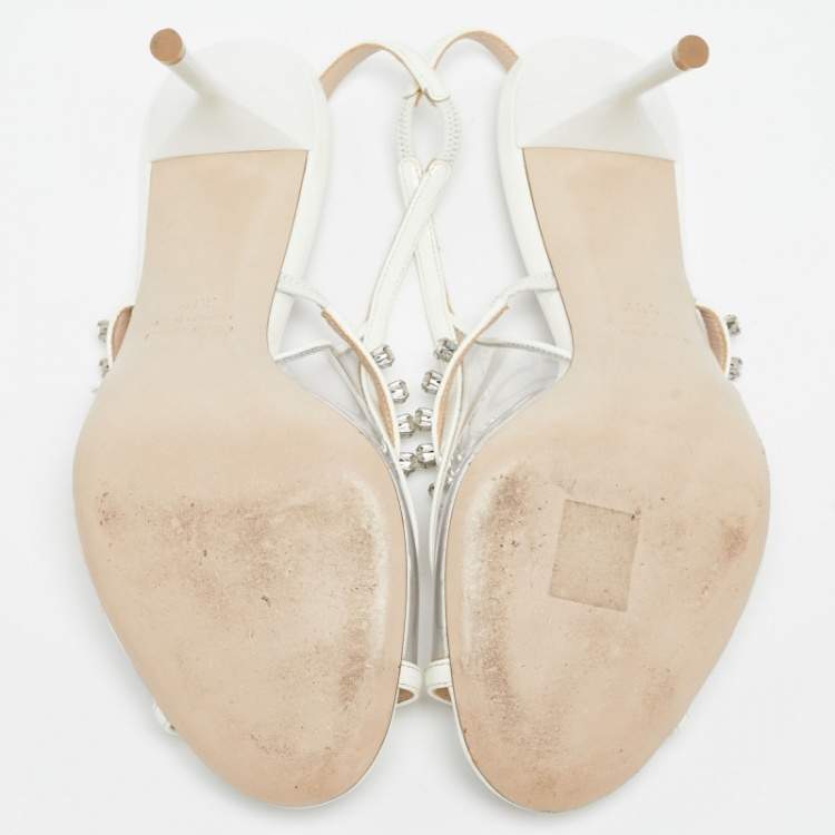 Pre Owned Miu Miu Cream Patent Leather Crystal Embellished Sandals Size 38.5