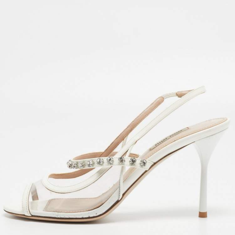 Miu Miu Cream Patent Leather Crystal Embellished Sandals
