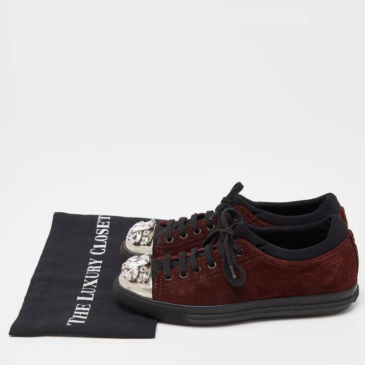Pre Owned Miu Miu Brown/Black Suede and Neoprene Crystal Cap Toe Sneakers Size 38.5