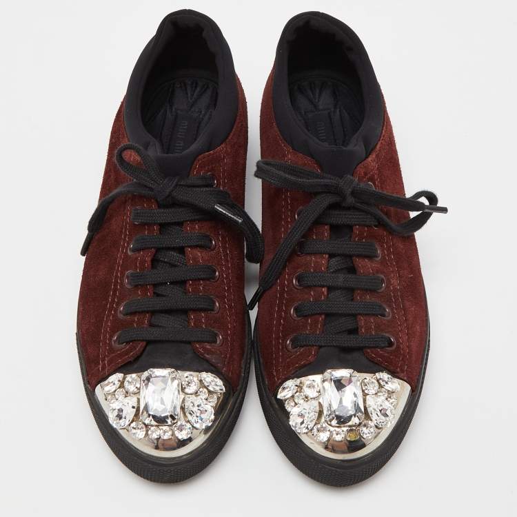 Pre Owned Miu Miu Brown/Black Suede and Neoprene Crystal Cap Toe Sneakers Size 38.5