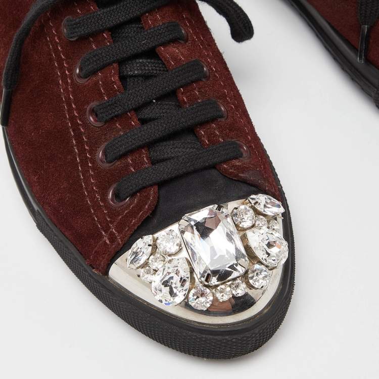 Pre Owned Miu Miu Brown/Black Suede and Neoprene Crystal Cap Toe Sneakers Size 38.5