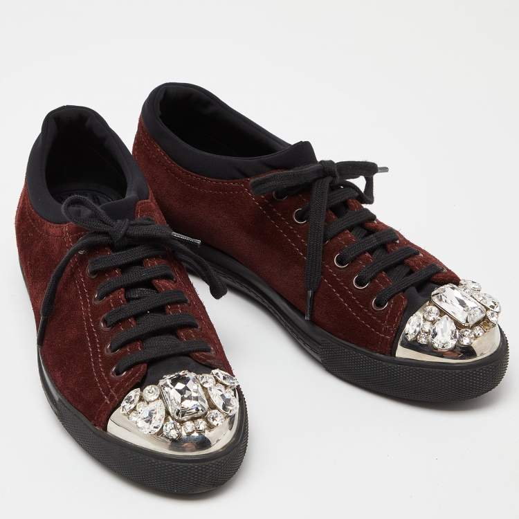 Pre Owned Miu Miu Brown/Black Suede and Neoprene Crystal Cap Toe Sneakers Size 38.5